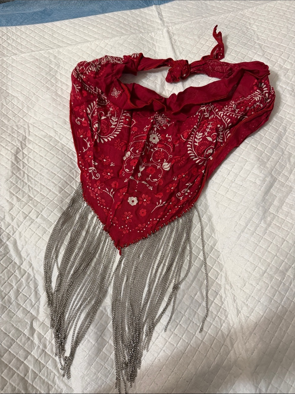 Y2k Red Bandana necklace with Silver Fringe